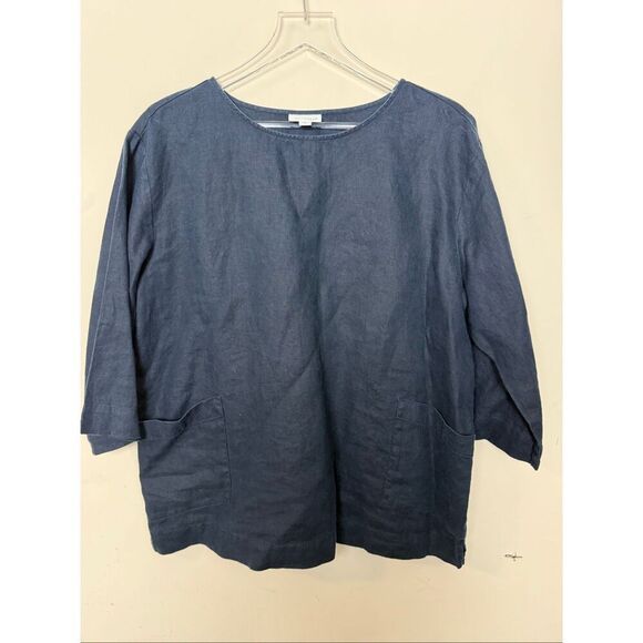 Pure Jill Tops - Pure Jill Blue 100% Linen Blouse Medium 3/4 Sleeve Modest Relaxed Fit Front Patc